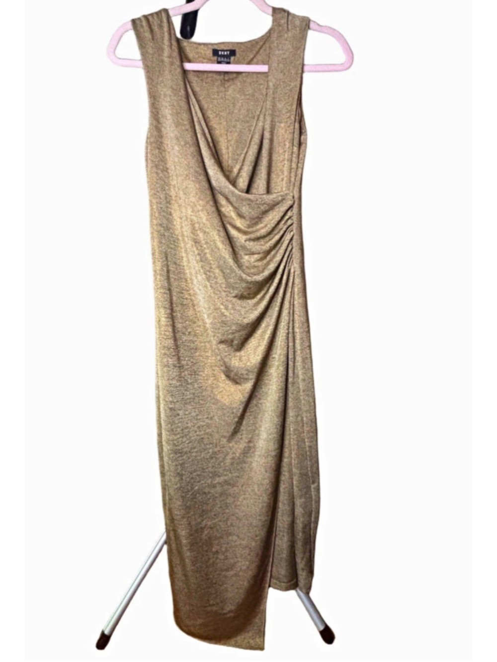 DKNY Gold Metallic Ruched Draped Cowl Neck Midi Dress XXS Cocktail
